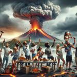 DALL·E 2024-01-04 09.31.00 - An adventurous and dynamic scene of a Beer Party during a Volcano Eruption. In the foreground, a diverse group of friends, including people of Asian.png